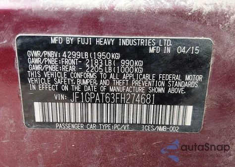 2015 Subaru Impreza 2.0I Sport Premium z USA, uszkodzony, nr VIN JF1GPAT63FH274681